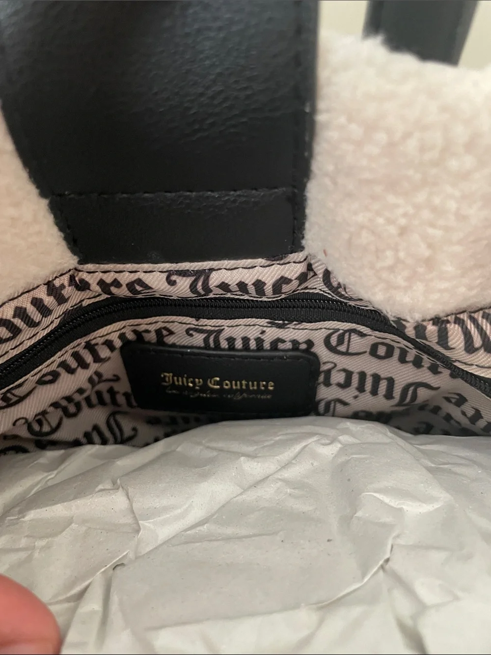 Juicy Couture Black Satchel with Cream Shearling Trim